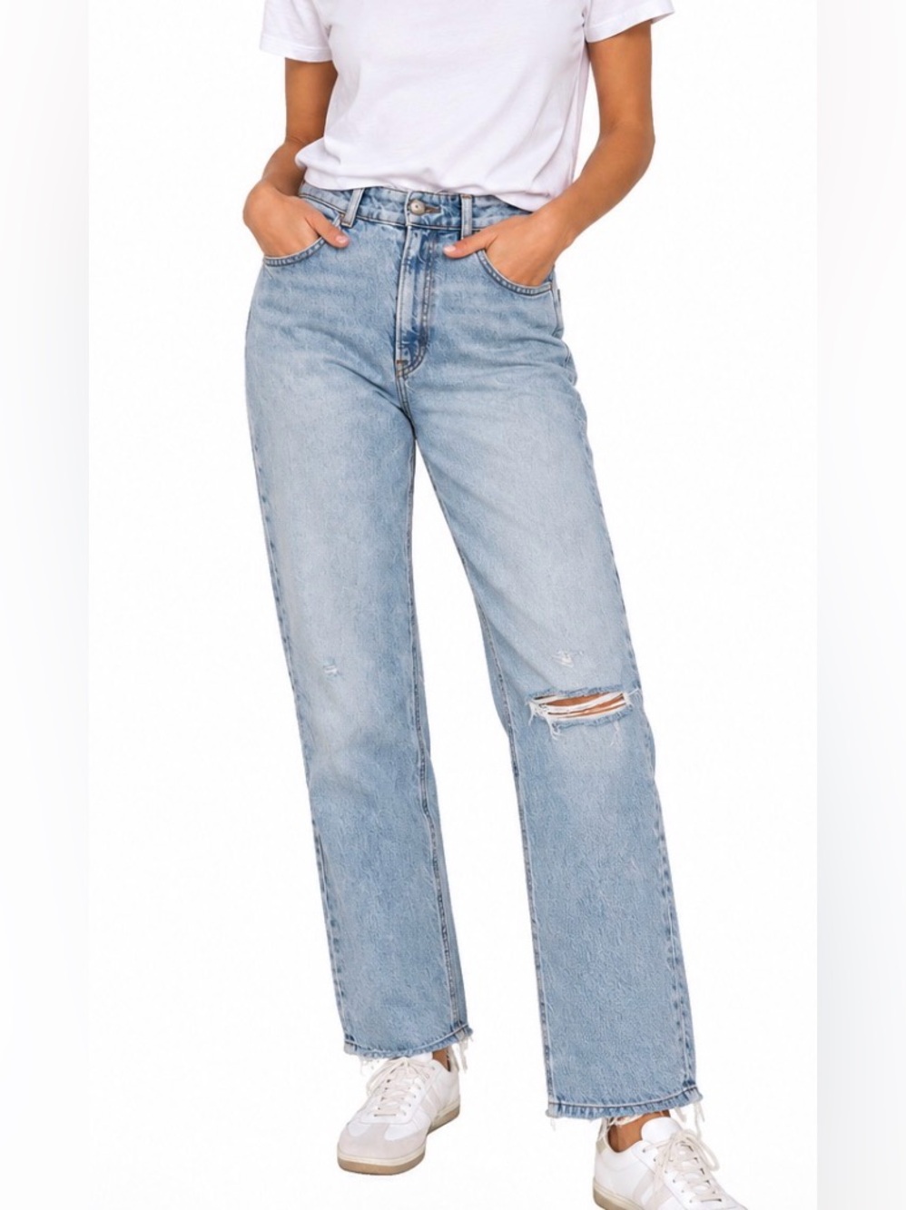 Reformation Jeans Emelia Crop High-Rise Light Blue Distressed Soft Boyfriend